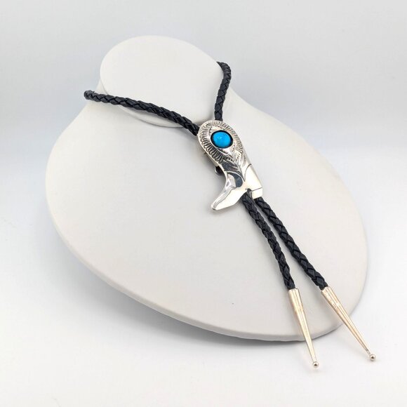 Navajo Kingman Turquoise Bolo Tie Leather Sterling Silver Southwest Accessory ** - Picture 5 of 10